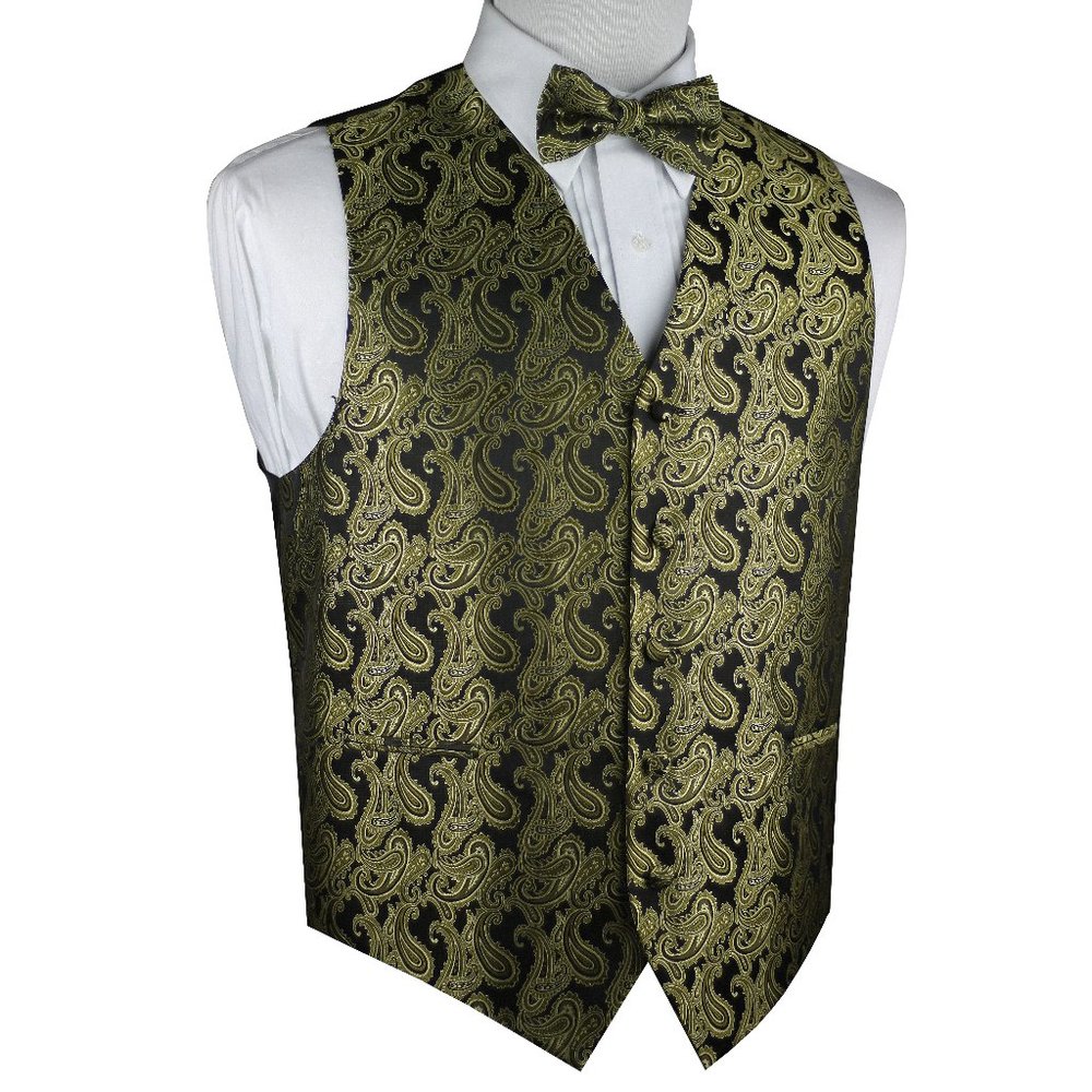 Men's Formal Wedding Prom Homecoming Tuxedo Vest Bow-Tie Hankie - Olive Paisley
